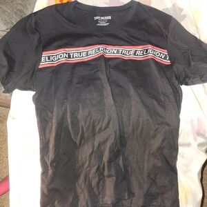 True Religion Black Tee with Red and White Stripes